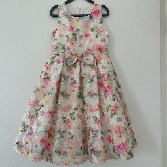 Watercolor Floral Multicolor Lace Little Girls Formal Dress Size 7/8
